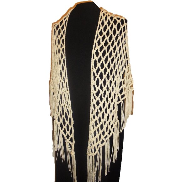 Shawl Crochet Handmade Ivory Fringed Fishnet Large - Picture 2 of 6